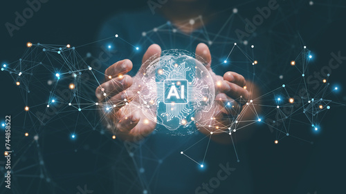 Artificial intelligence or AI of futuristic technology concept, Hands holding virtual global network, Internet of Things (IOT), futuristic innovation, smart communication network, Global business.