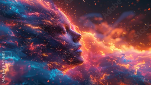 3D clean depiction of a mind in creative overdrive colors bursting from the head in vivid splendor photo