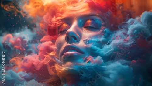 3D clean depiction of a mind in creative overdrive colors bursting from the head in vivid splendor photo
