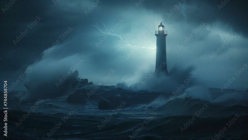 Landscape image of large ocean waves hitting a lighthouse on an island during a storm at night