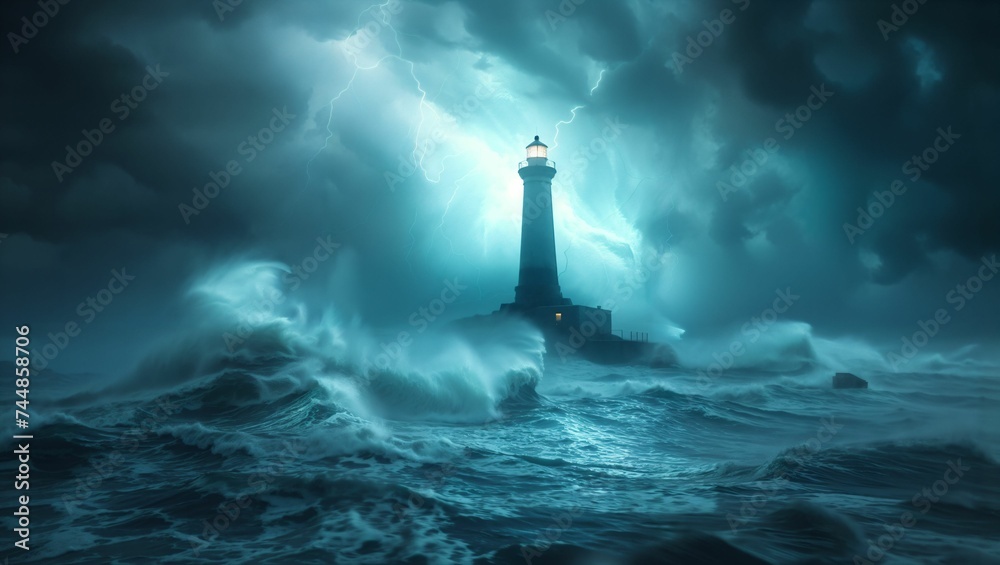 Landscape image of large ocean waves hitting a lighthouse on an island during a storm at night