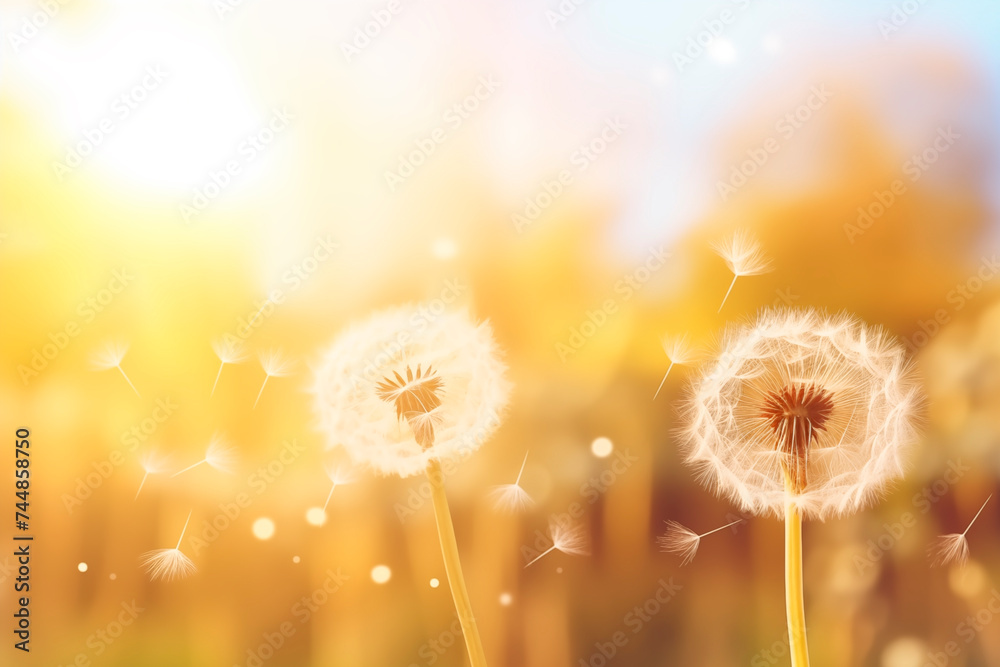Whimsical dandelions with seeds blowing in the wind, symbolizing change and growth.