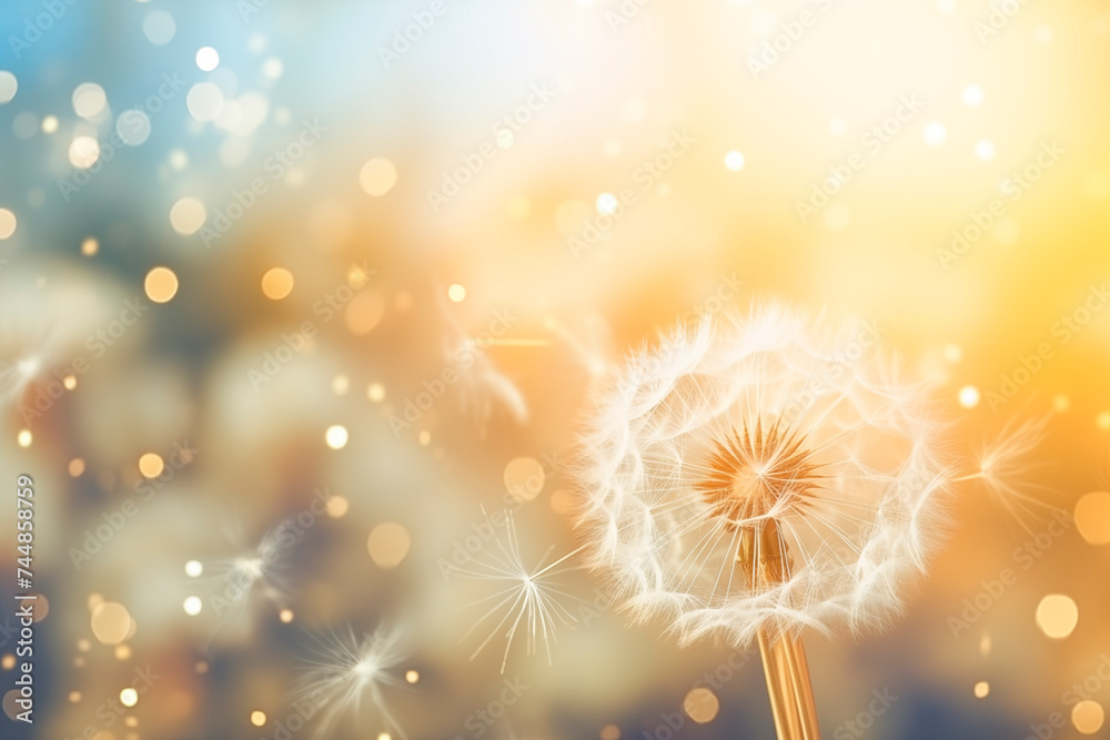 Obraz premium Whimsical dandelions with seeds blowing in the wind, symbolizing change and growth.