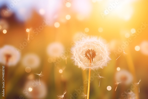 Whimsical dandelions with seeds blowing in the wind  symbolizing change and growth.