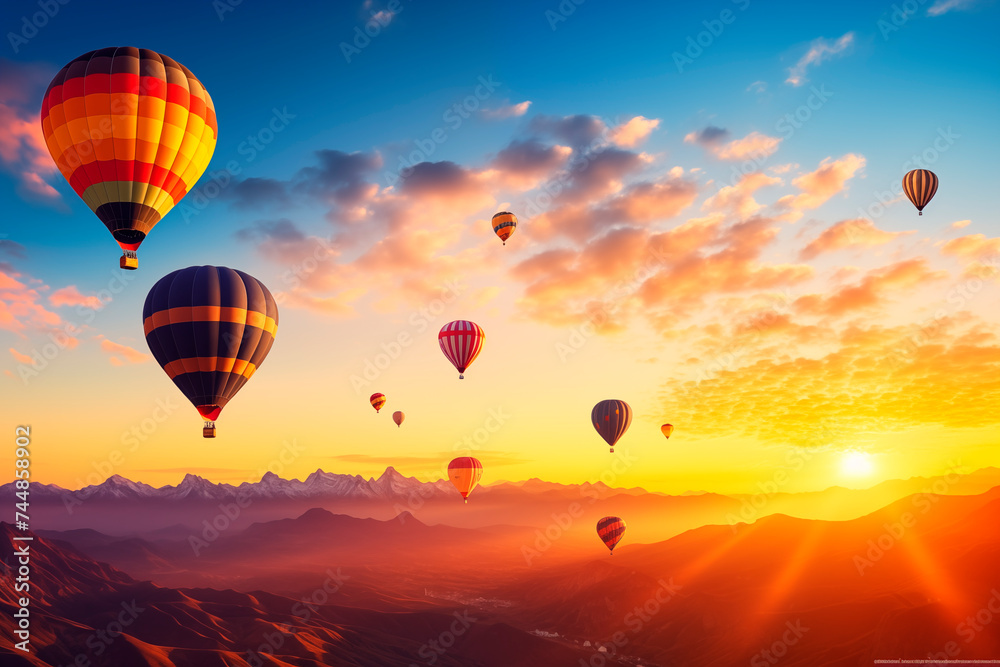 Naklejka premium Hot air balloons float in a stunning sunrise sky above mountainous terrain.