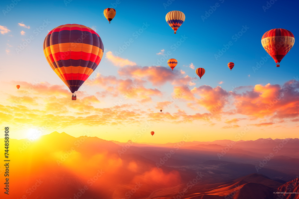 Hot air balloons float in a stunning sunrise sky above mountainous terrain.