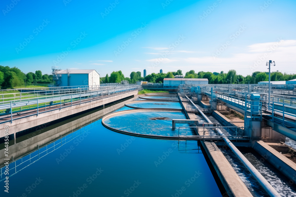 Industrial water treatment facility with circular purification tanks and modern infrastructure.