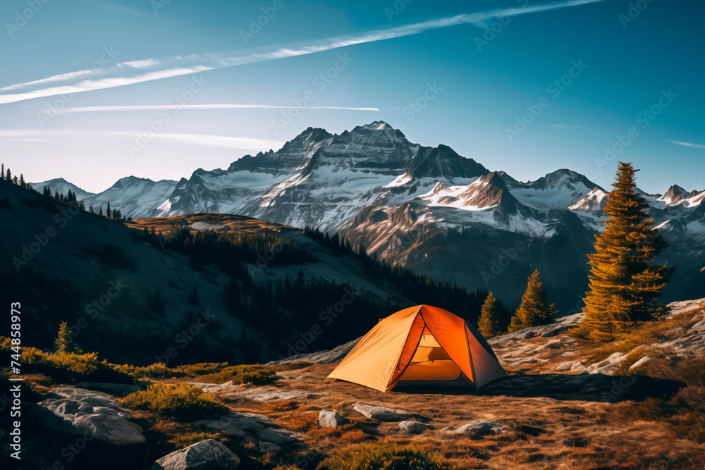 A tent pitched in a serene mountain landscape during the golden hour, with warm light bathing the scene.