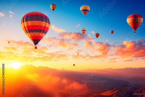 Hot air balloons float in a stunning sunrise sky above mountainous terrain. © EricMiguel