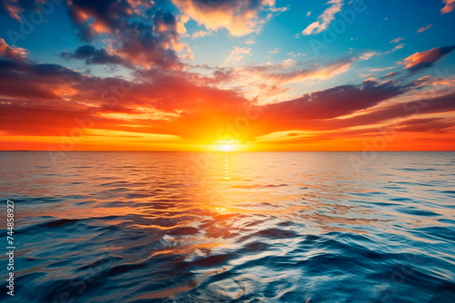 Radiant sunset over the ocean with vibrant reds and serene water reflections.