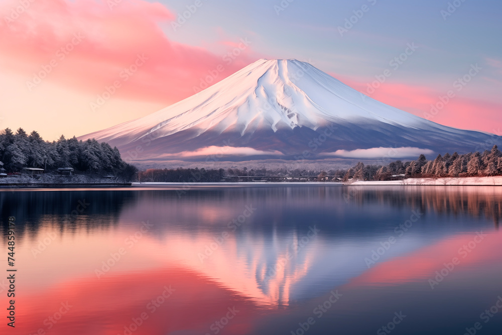 Majestic Mount Fuji reflected in a lake at vibrant sunset with a serene sky.