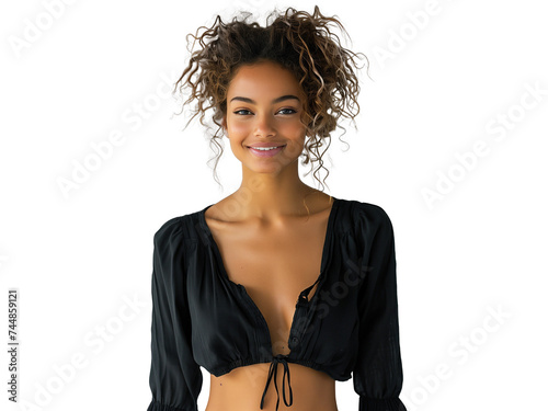 Mulher negra posando, fundo transparente para uso em design, propaganda e marketing.