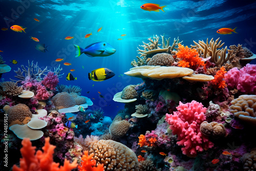 Colorful coral reef bustling with marine life under the ocean's surface.