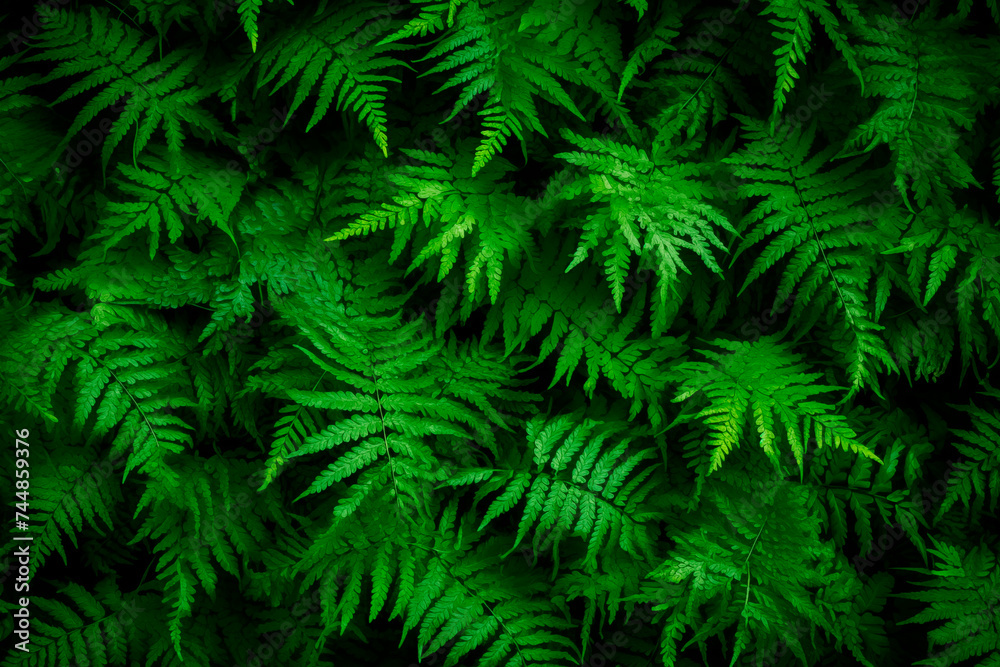 Dense green ferns creating a lush pattern in a forest, indicative of a vibrant, organic, and shadowed natural environment. Dense green ferns creating a lush pattern in a forest, indicative of a vibrant, organic, and shadowed natural environment.