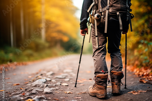 A hiker with trekking poles walks on a mountain trail, embracing the solitude and beauty of the outdoors at sunrise.