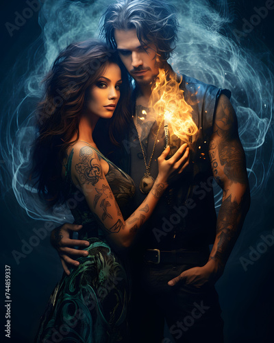 Tattooed couple surrounded by magic