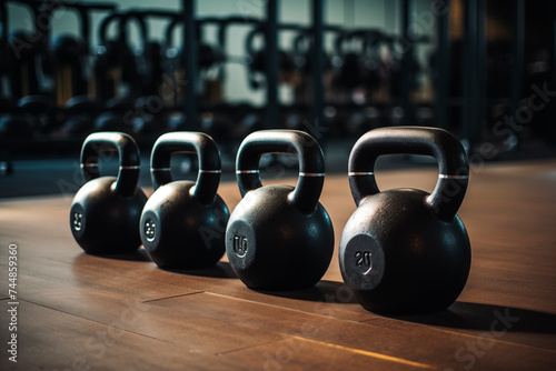 A row of red kettlebells lined up on a gym floor  representing strength training and fitness equipment.  