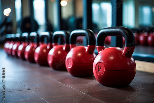A row of red kettlebells lined up on a gym floor  representing strength training and fitness equipment.  