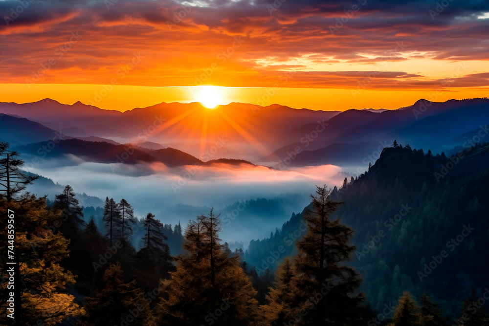 Sunrise over mountain ranges with layers of fog.