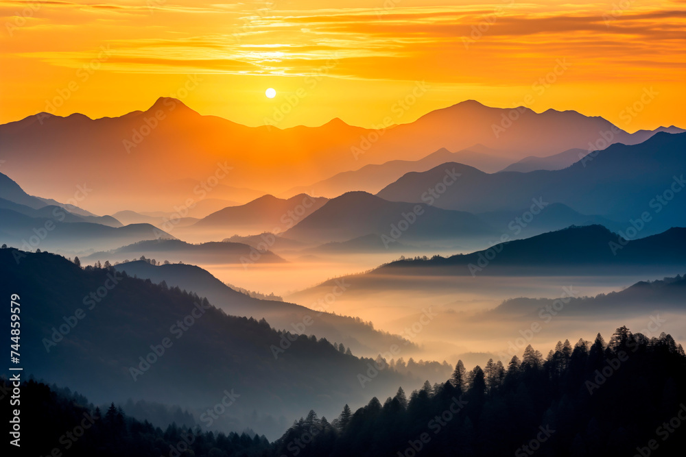 Sunrise over mountain ranges with layers of fog.