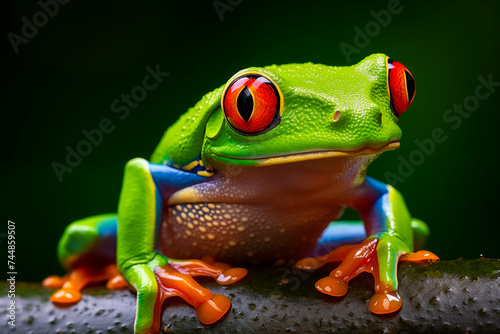 A vibrant green tree frog on a branch.
