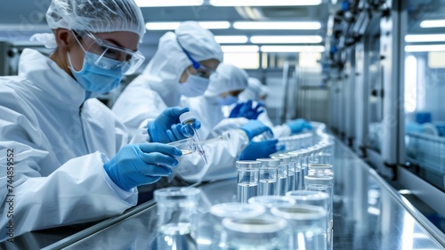 Pharmaceutical Team Conducting Quality Control in Sterile Environment. A group of scientists in protective gear meticulously conducting tests in a pharmaceutical production line. photo