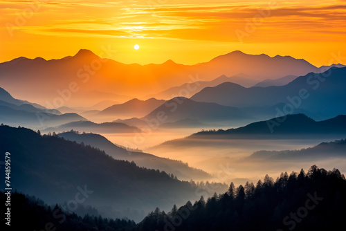 Sunrise over mountain ranges with layers of fog. © EricMiguel
