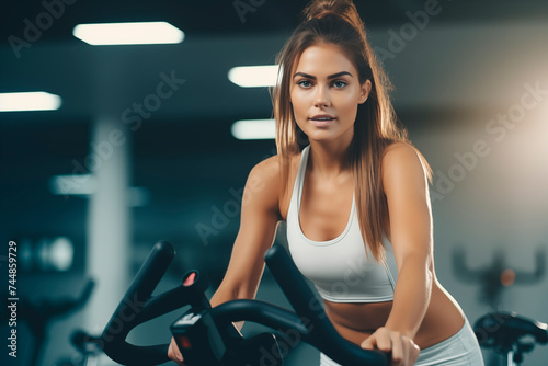 Fit woman on a stationary bike in a gym, highlighting a commitment to health and cardio training.