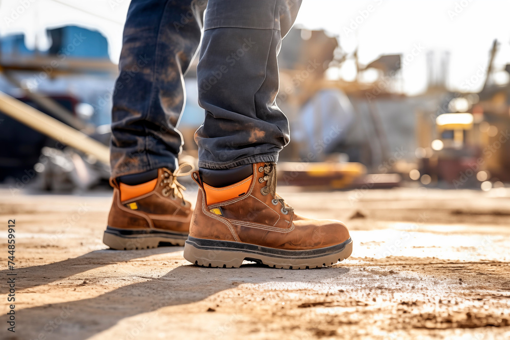 Brown leather work boots in the foreground with selective focus and a blurred urban background.