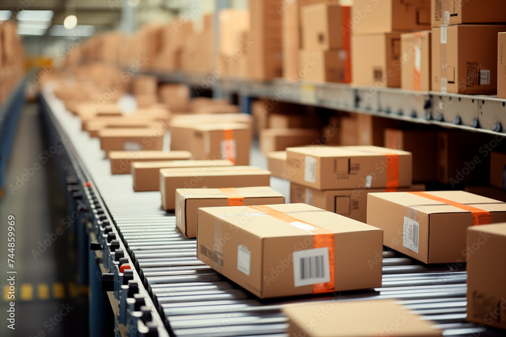 Cardboard boxes on a conveyor belt in a warehouse, depicting industrial logistics and distribution. Cardboard boxes on a conveyor belt in a warehouse, depicting industrial logistics and distribution.