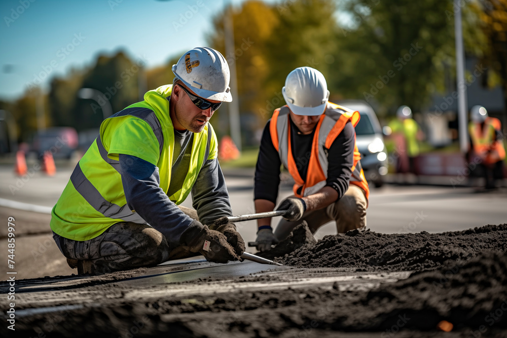 Fototapeta premium Construction workers in safety gear leveling concrete on a road, highlighting manual labor and teamwork.