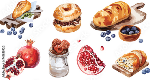 Vector set of baking breakfast in watercolor style. Buns, baguettes, bread, pastries, and other baked goods, fruits, pomegranate, blueberry. Vintage watercolor concept for a bakery or cafe menu design