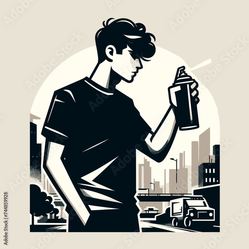 Vector illustration of a stylish street artist creating colorful graffiti on a wall surrounded by a cityscape. Fashionable young man in casual clothes showing creative spirit and creative freedom in a