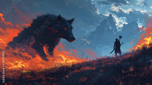 hero fighting with giant wolf, anime style photo