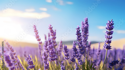 Close-up of colorful blooming lavender fields in front of cloudy blue sky