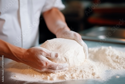 Hands preparing dough with flour on a table, depicting the process of artisanal bread making.