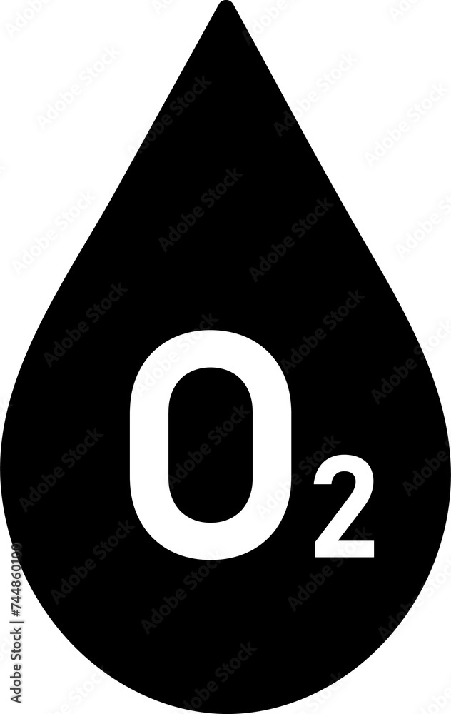 O2 saturation monitoring, black blood drop icon with oxygen symbol O2 saturation monitoring, black blood drop icon with oxygen symbol