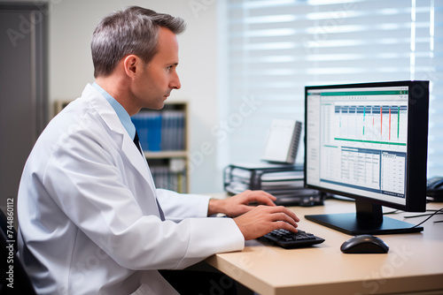 Business professional analyzing data on a computer with multiple graphs on the screen.