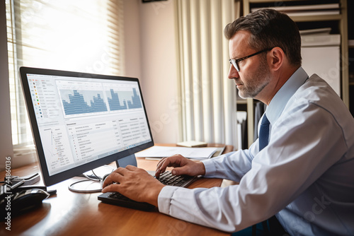 Business professional analyzing data on a computer with multiple graphs on the screen.