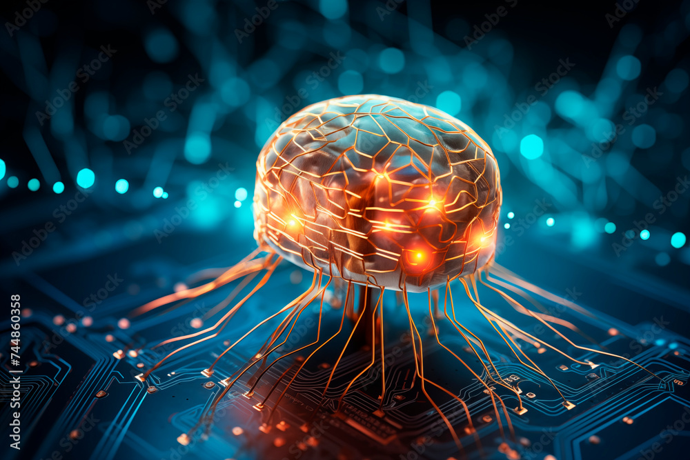 A cybernetic brain with glowing neural connections over a circuit board, representing artificial intelligence. - obrazy, fototapety, plakaty 