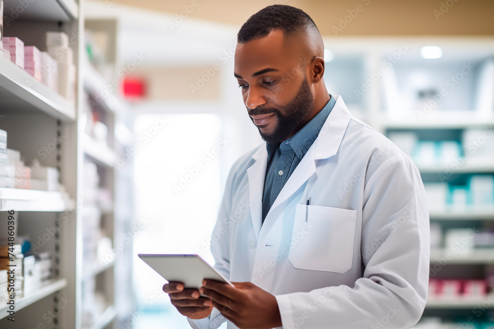 A professional male pharmacist consults a tablet amidst shelves of medications in a modern pharmacy.