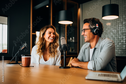 Two smiling co-hosts recording a podcast in a modern studio with microphones and laptop. photo