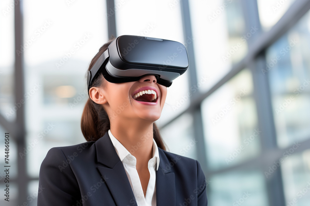 A businesswoman is engaged and smiling while using virtual reality glasses, with a modern glass building backdrop. A businesswoman is engaged and smiling while using virtual reality glasses, with a modern glass building backdrop.