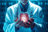 A doctor analyzing a holographic display of human lungs, a fusion of healthcare and advanced technology for medical diagnosis.