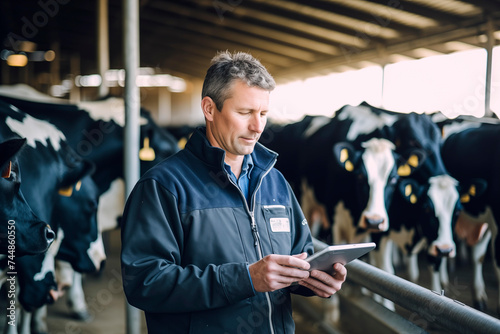 A farmer uses a tablet to monitor and manage dairy cattle, highlighting the integration of technology in agriculture. photo