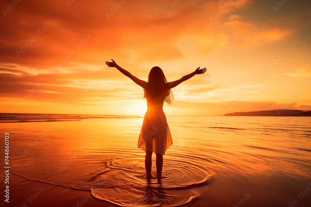 Silhouette of a woman with arms raised in freedom at the beach during a vibrant sunset.