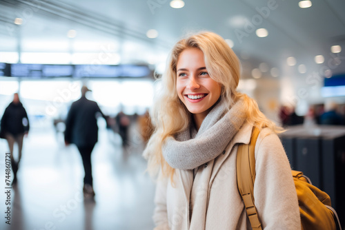 Smiling blonde woman with a scarf and backpack at an airport terminal.