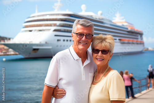 A happy senior couple standing in front of a cruise ship, ready to embark on a luxurious adventure.