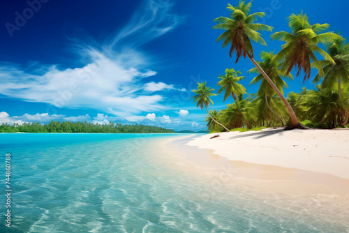 Pristine tropical beach with clear waters, palm trees, and a peaceful blue sky, perfect for a serene getaway.