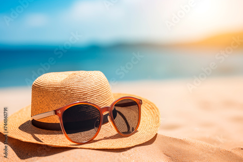 A stylish sunhat and sunglasses resting on a sandy beach  symbolizing leisure and summer fashion.